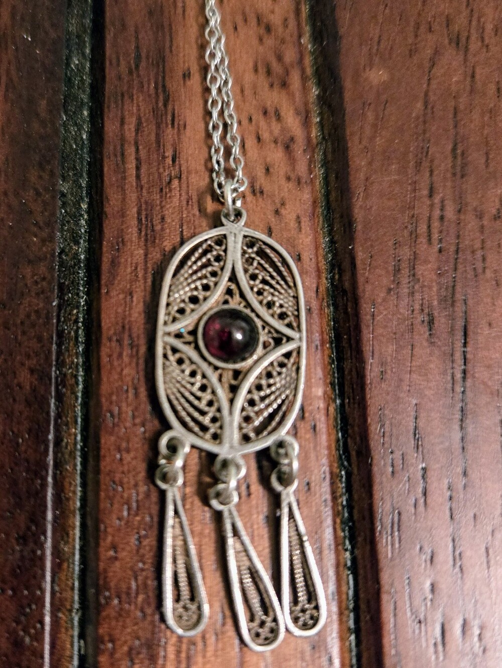 Vintage Sterling Silver Filligree Garnet Bohemian Necklace